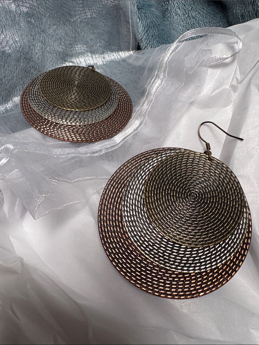 Ethnic TripleTone Circular Earrings  Metallic Bronze Silver  Gold Tones